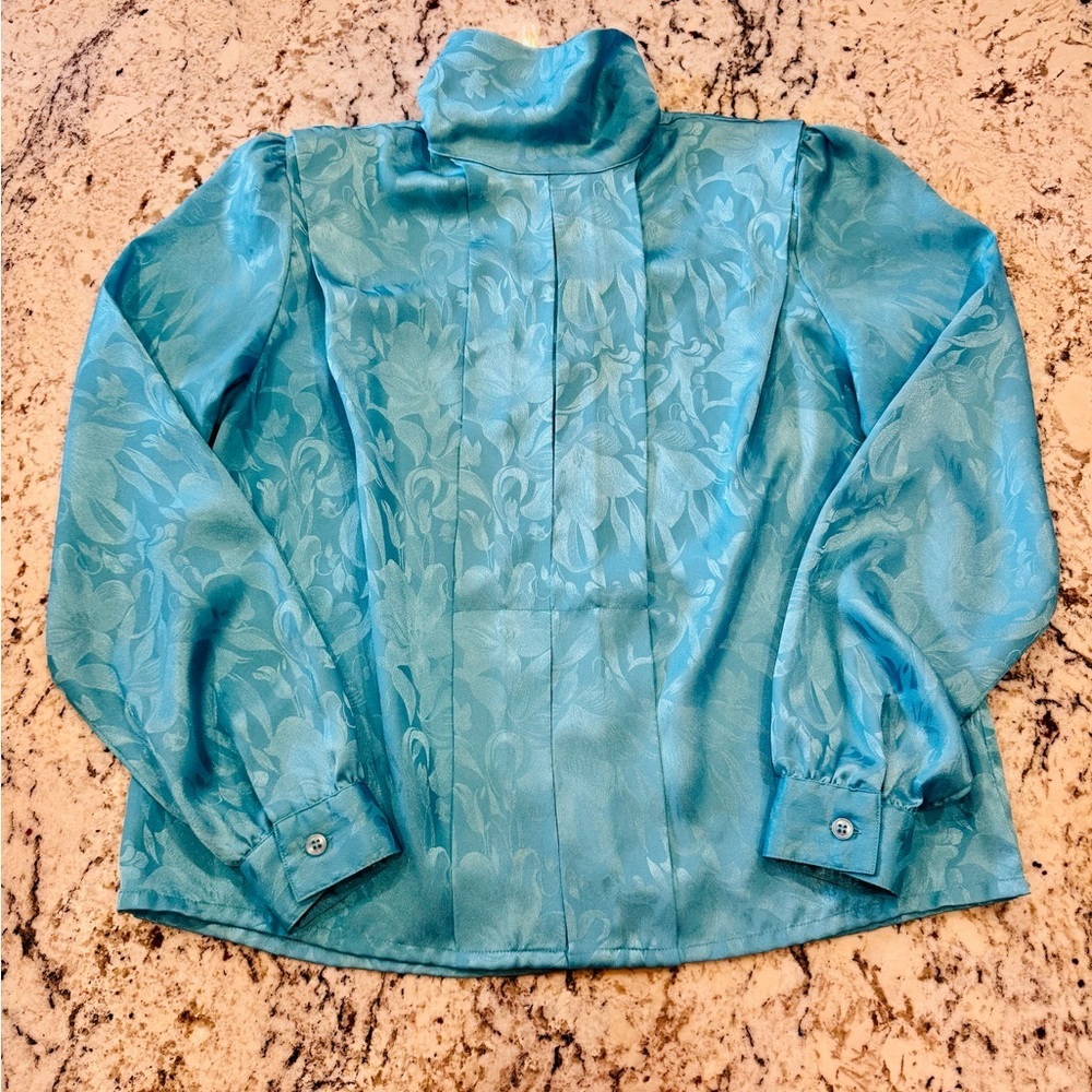 Vintage Teal Jacquard High Neck Satin Blouse Small - Picture 2 of 11